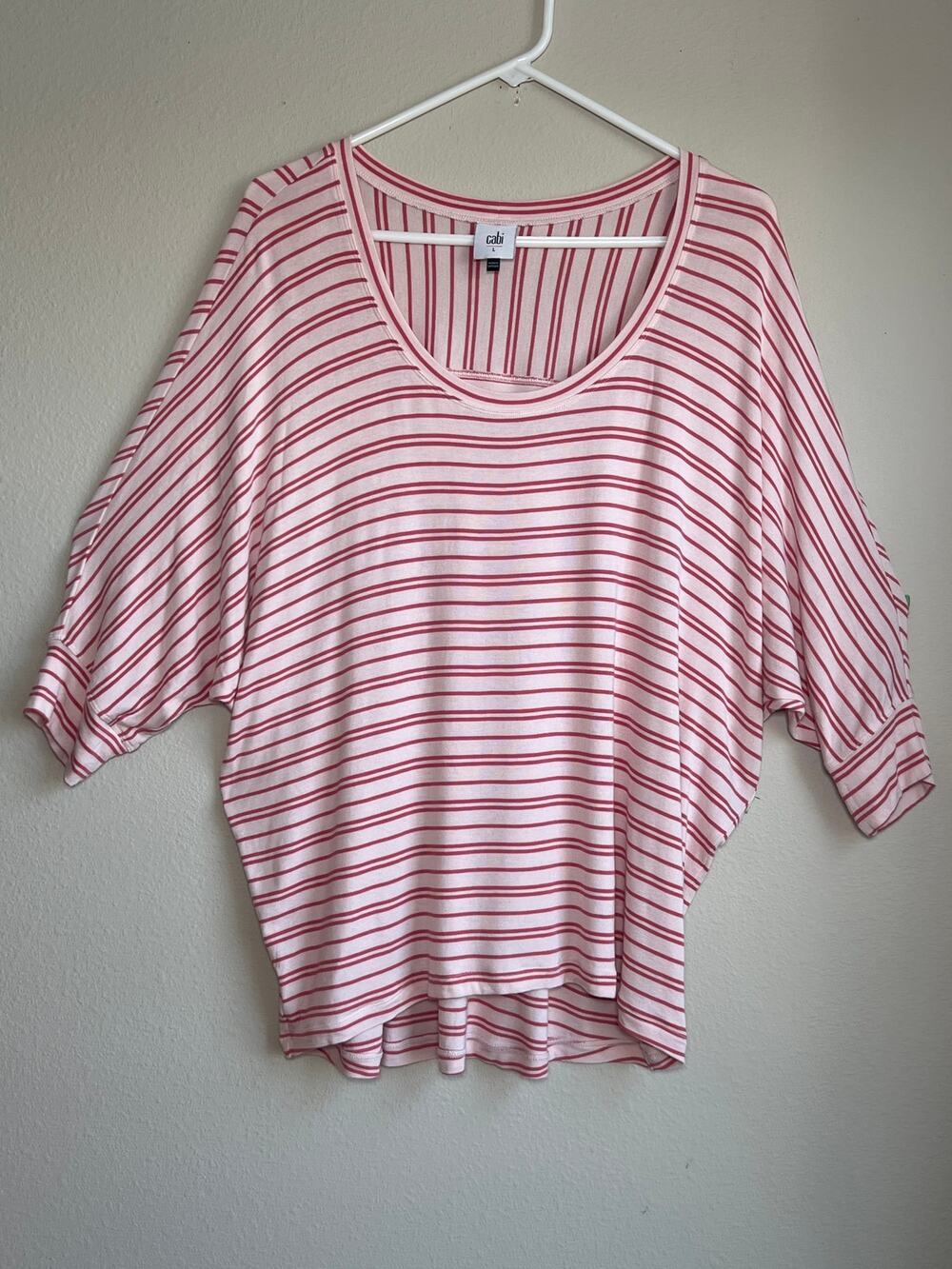Cabi Tickled Tee Pink Cream Stripe Dolman Sleeve Rayon Rib Knit Top Large